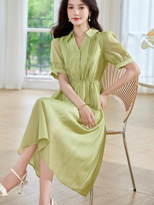 【五折购】熙世界天丝衬衫式连衣裙女短袖2025夏季优雅气质收腰显瘦法式裙子 商品图0