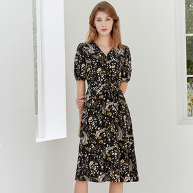 【V领桑蚕丝印花连衣裙】23年春夏新品女士100%桑蚕丝印花收腰裙子