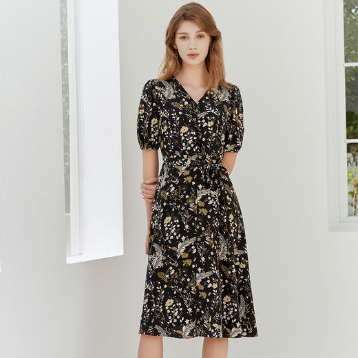 【V领桑蚕丝印花连衣裙】23年春夏新品女士100%桑蚕丝印花收腰裙子 商品图0