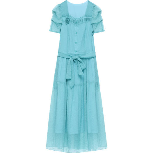 夏季薄款，中长裙时尚新款木耳边系带收腰长款A字裙方领纯色连衣裙QYM-JJ-YZX23A65-Y 商品图3