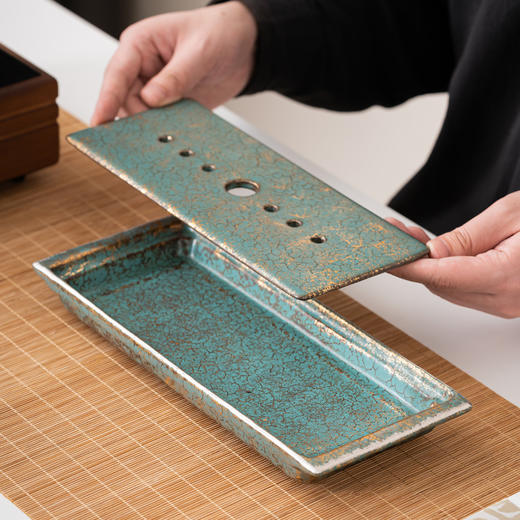 常青釉金银彩长方茶盘手工储水式干泡盘日式家用功夫茶具茶盘茶台 商品图1