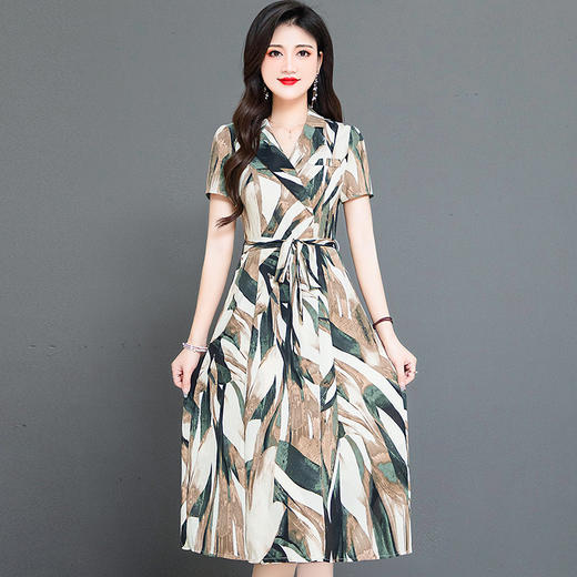 时尚气质，中长款短袖裙系带收腰A字裙西装领印花连衣裙QYM-HSY-I23A793-Y 商品图0