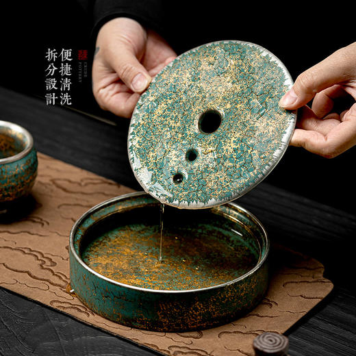 常青釉金银彩圆型储水壶承干泡台陶瓷家用日式手工复古建水壶托 商品图2