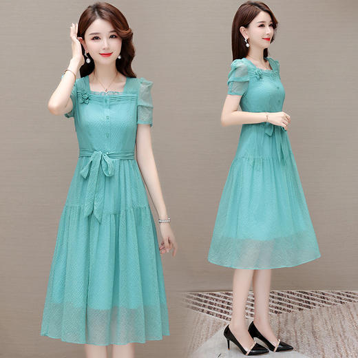 夏季薄款，中长裙时尚新款木耳边系带收腰长款A字裙方领纯色连衣裙QYM-JJ-YZX23A65-Y 商品图2