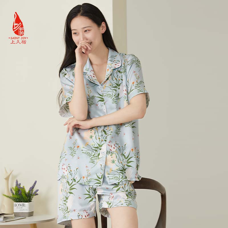 SAINTJOY/上久楷女式蓝灰色印花短袖睡衣套装  JWS21009