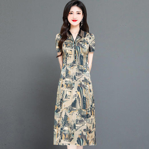 夏季新款，短袖裙气质女装宽松休闲中长裙妈妈装印花连衣裙QYM-HSY-I23A786-Y 商品图1