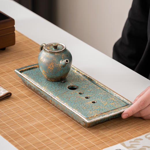 常青釉金银彩长方茶盘手工储水式干泡盘日式家用功夫茶具茶盘茶台 商品图2