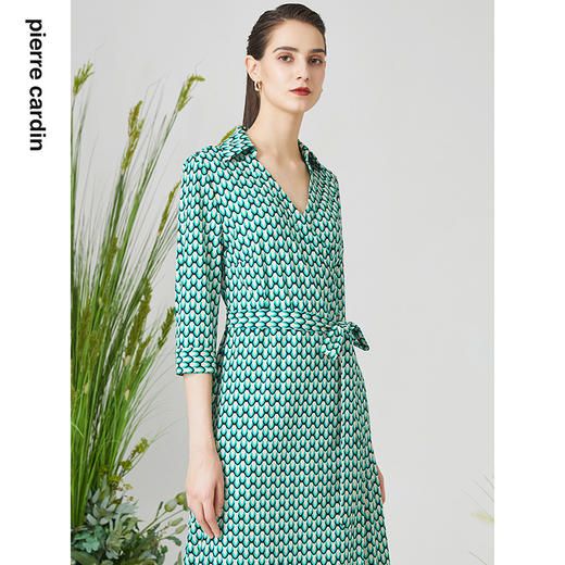 皮尔卡丹女装连衣裙绿色印花衬衫领通勤百搭A字裙P3131E3077G3
 商品图3