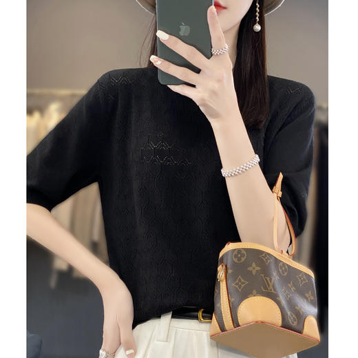 邢沐阳-夏季薄款中袖上衣女2023新款镂空圆领针织短袖T半袖打底衫 商品图4