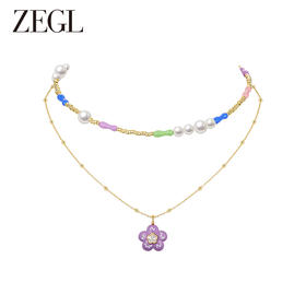 ZEGL设计师童心彩绘系列紫色小花项链女生串珠叠戴花朵夏天多巴胺穿搭锁骨链
