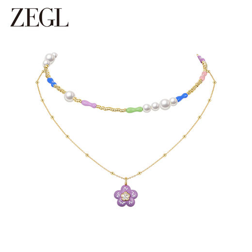 ZEGL设计师童心彩绘系列紫色小花项链女生串珠叠戴花朵夏天多巴胺穿搭锁骨链 商品图0