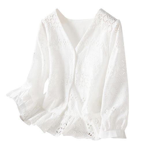 绣花镂空白衬衫五分袖2023夏季新款小个子短款上衣纯棉v领衬衣MJ-2069 商品图4
