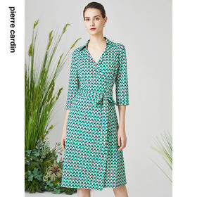 皮尔卡丹女装连衣裙绿色印花衬衫领通勤百搭A字裙P3131E3077G3
