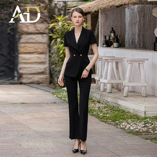 AD高级感阔腿裤西装套装女气场强大职业装金属两粒扣黑色西服正装 商品图0