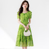 夏季新款，短袖裙气质优雅中长款高腰A字裙绿色印花连衣裙QYM-TB-CY0930-Y 商品缩略图5