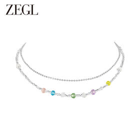 ZEGL设计师冰透小彩串叠戴碎银子项链女双层锁骨颈链