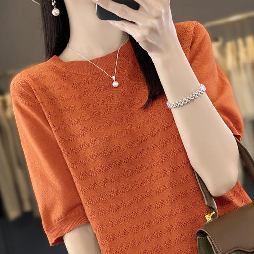 邢沐阳-夏季薄款中袖上衣女2023新款镂空圆领针织短袖T半袖打底衫 商品图5