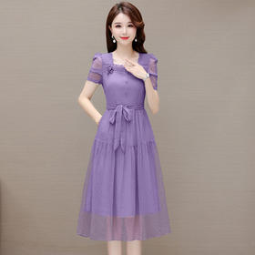 夏季薄款，中长裙时尚新款木耳边系带收腰长款A字裙方领纯色连衣裙QYM-JJ-YZX23A65-Y