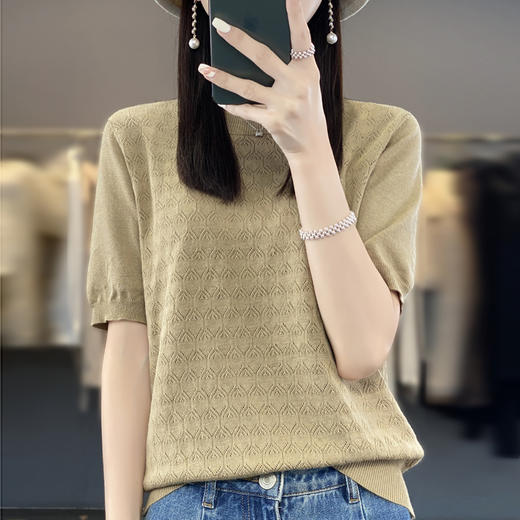 邢沐阳-夏季薄款中袖上衣女2023新款镂空圆领针织短袖T半袖打底衫 商品图0