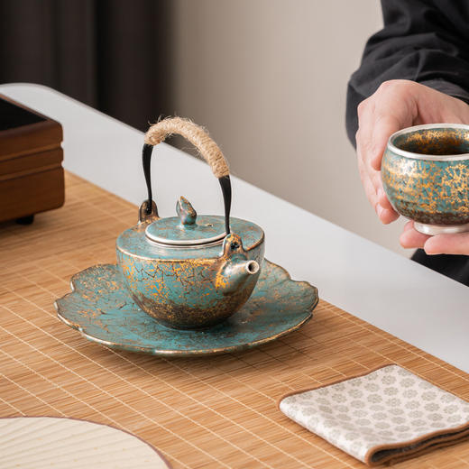 常青釉金银彩提梁壶家用陶瓷茶壶单壶日式手工复古功夫茶具泡茶壶 商品图0