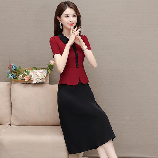 夏季新款，拼结中长款假两件气质优雅妈妈裙娃娃领短袖连衣裙QYM-KED-H1195-Y 商品图1