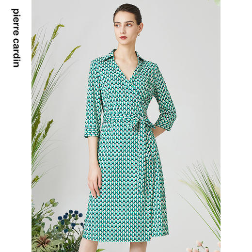 皮尔卡丹女装连衣裙绿色印花衬衫领通勤百搭A字裙P3131E3077G3
 商品图1