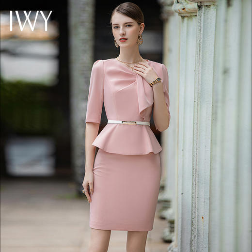 IWY/粉色连衣裙女夏季新款收腰显瘦名媛气质美容院前台接待工作服Q929 商品图1