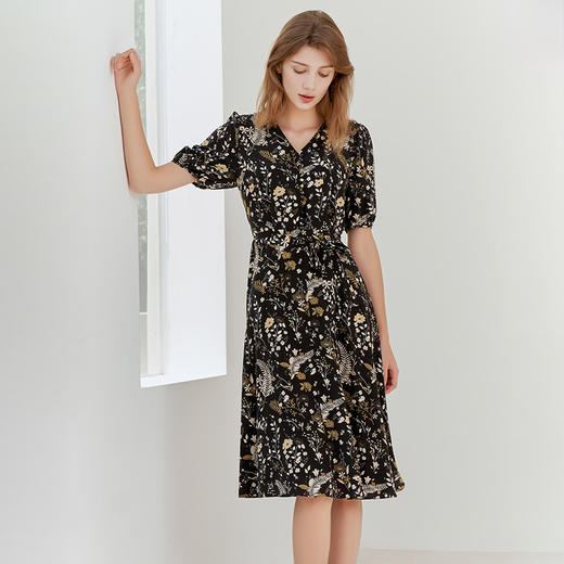 【V领桑蚕丝印花连衣裙】23年春夏新品女士100%桑蚕丝印花收腰裙子 商品图2