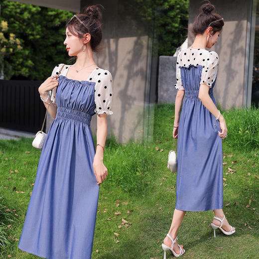 夏季新款，法式波点拼接牛仔连衣裙HR-XMYR2333-1 商品图0