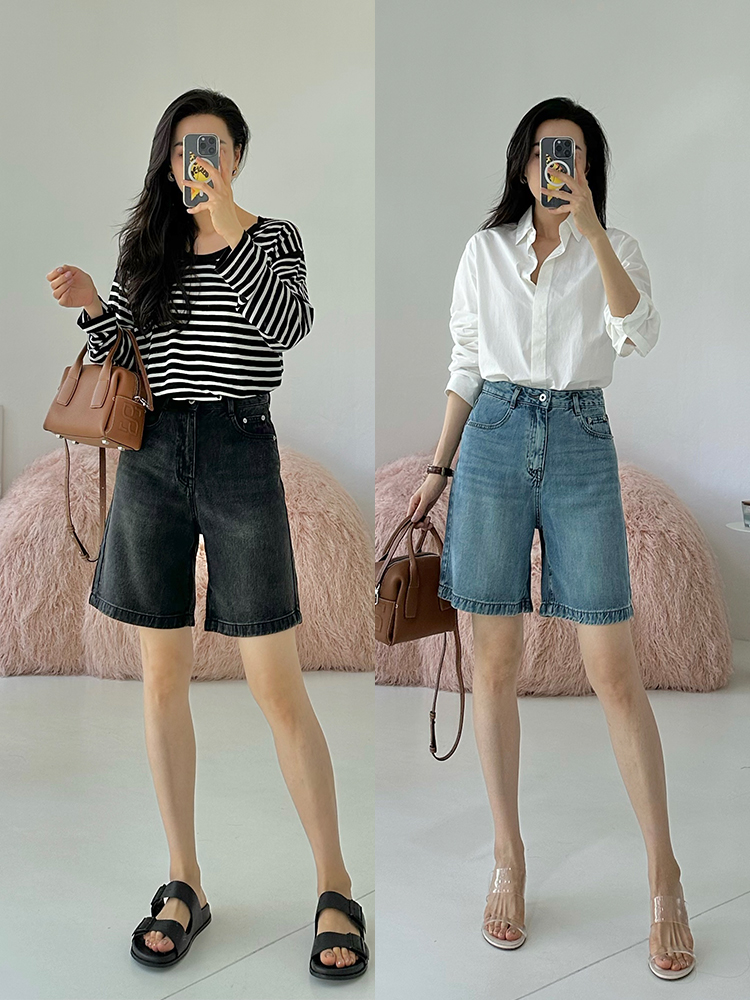 冰爽感 简约双色牛仔短裤
