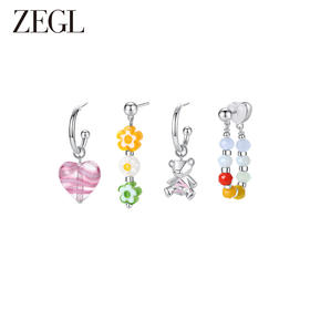 ZEGL设计师小熊系列彩色串珠多巴胺耳环女小众设计感耳钉银针耳饰