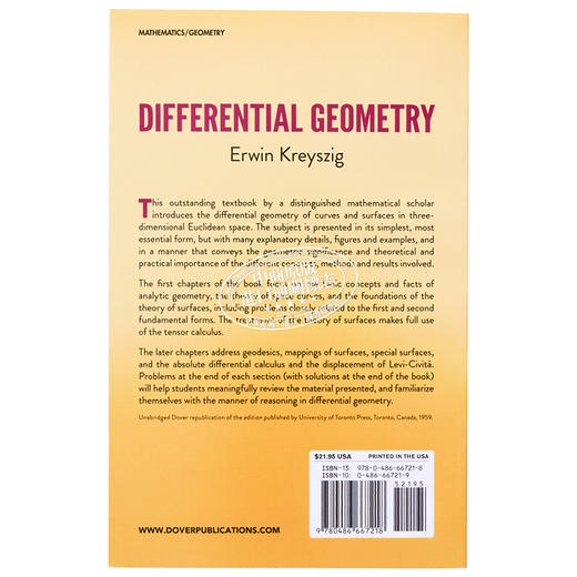 【中商原版】微分几何 Differential Geometry Revised 英文原版 Erwin Otto Kreyszig 数学 高等数学 商品图1