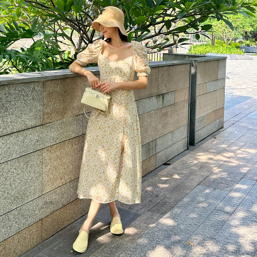不退不换！CHENLY 法式碎花高开衩连衣裙 商品图0