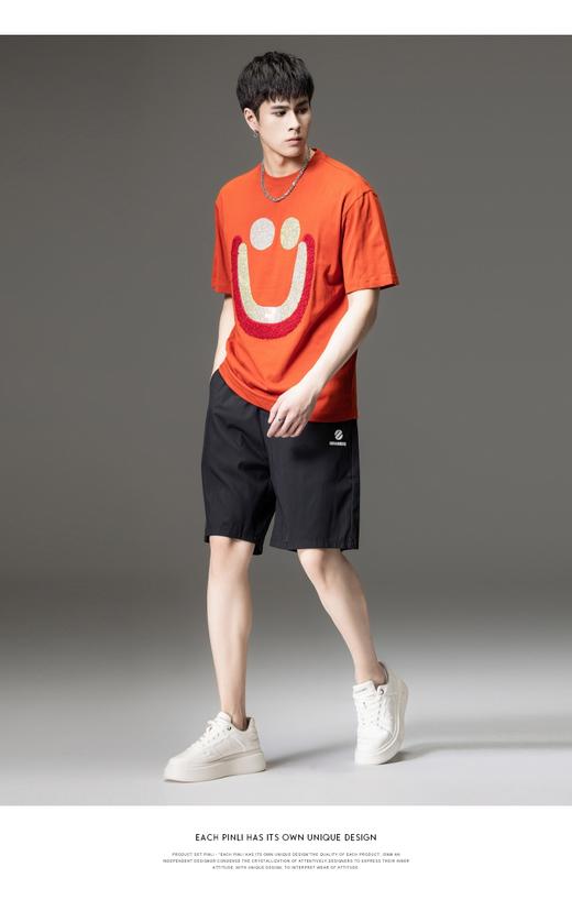PINLI品立2023夏季新款男士落肩烫钻笑脸圆领短袖T恤BG231111084 商品图4