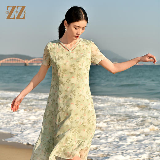 佐尔美夏季新款 休闲时尚小碎花短袖桑蚕丝真丝连衣裙女E32LS83 商品图2