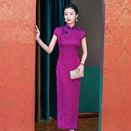 WX真丝旗袍桑蚕丝 低调档次长款时尚立领旗袍 商品图3