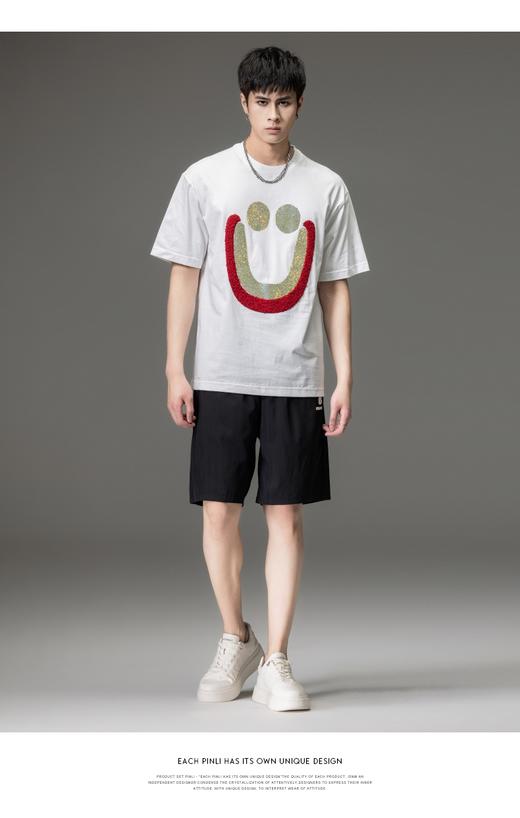 PINLI品立2023夏季新款男士落肩烫钻笑脸圆领短袖T恤BG231111084 商品图7
