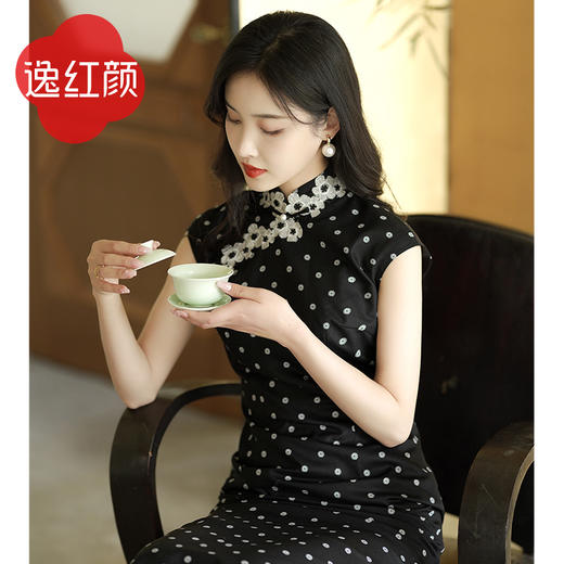 逸红颜语莺2023夏季新款雪纺旗袍改良版连衣裙女雪纺印花波点斜襟 商品图1