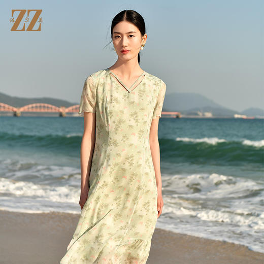 佐尔美夏季新款 休闲时尚小碎花短袖桑蚕丝真丝连衣裙女E32LS83 商品图0