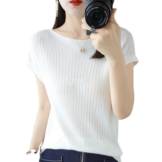 冰丝针织衫女宽松短袖显瘦t恤2023夏季新款内搭上衣一字领薄外穿_HLY 商品图4