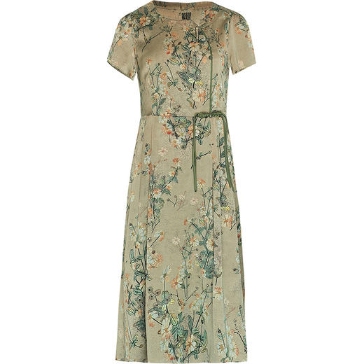 QYMKED-X369-Y，圆领复古印花连衣裙时尚新款妈妈装夏天短袖裙宽松中长款A字裙 商品图4