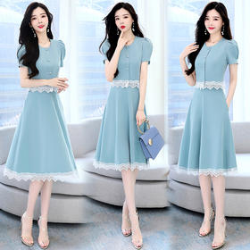 气质新款，淑女拼接蕾丝圆领单排扣短袖两件套HR-LT8186-1