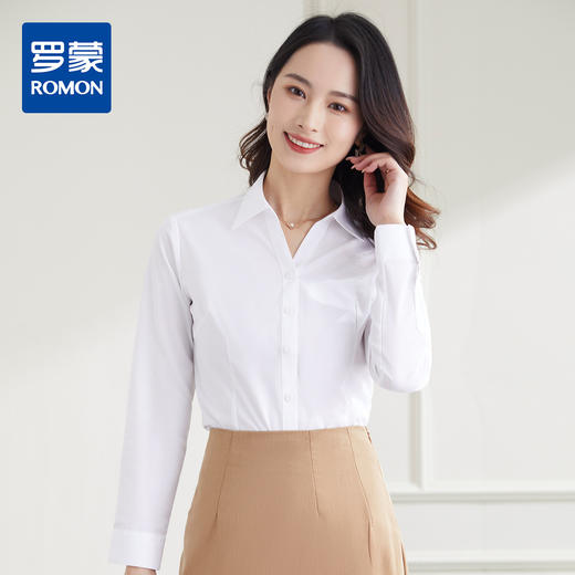 【60棉】罗蒙春秋女装长袖V领衬衫女士简约大方商务通勤职业装OL衬衫女 商品图0
