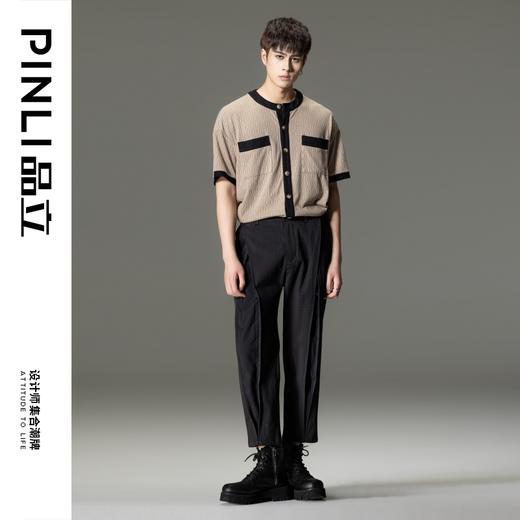 PINLI品立夏季新款撞色小香风圆领衬衫男士短袖休闲针织衬衣B232113061 商品图3