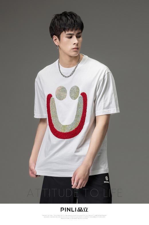 PINLI品立2023夏季新款男士落肩烫钻笑脸圆领短袖T恤BG231111084 商品图6