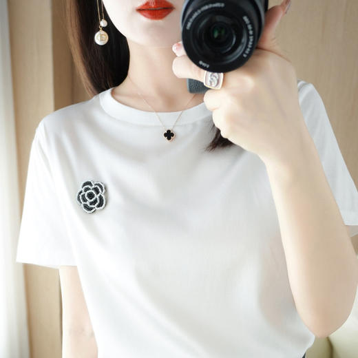 QHJY-JYA02355短袖T恤女式宽松桑蚕丝印花前丝后棉t恤半袖上衣 商品图3