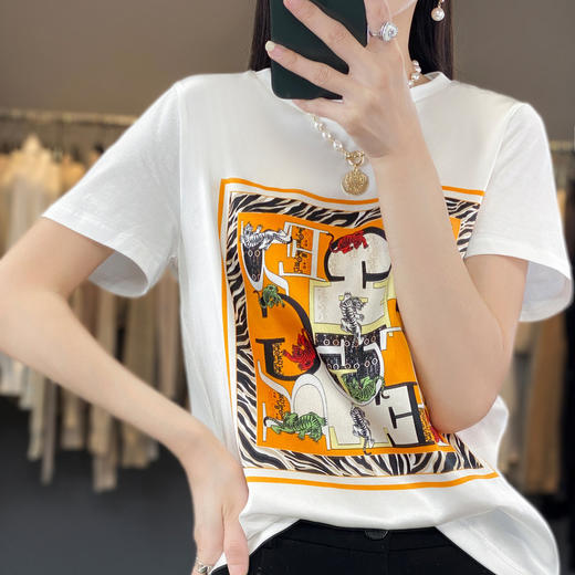 QHJY-JYA02355短袖T恤女式宽松桑蚕丝印花前丝后棉t恤半袖上衣 商品图2
