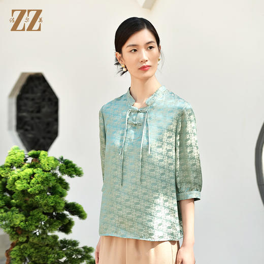 佐尔美夏季新款  国风桑蚕丝真丝交织提花缎衬衣女E32CS13 商品图2