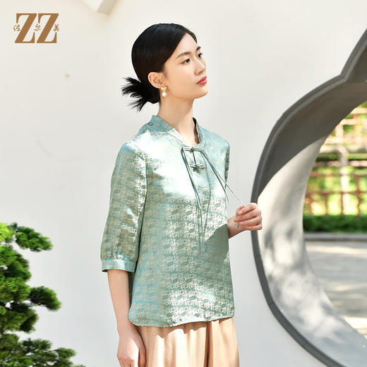 佐尔美夏季新款  国风桑蚕丝真丝交织提花缎衬衣女E32CS13 商品图3