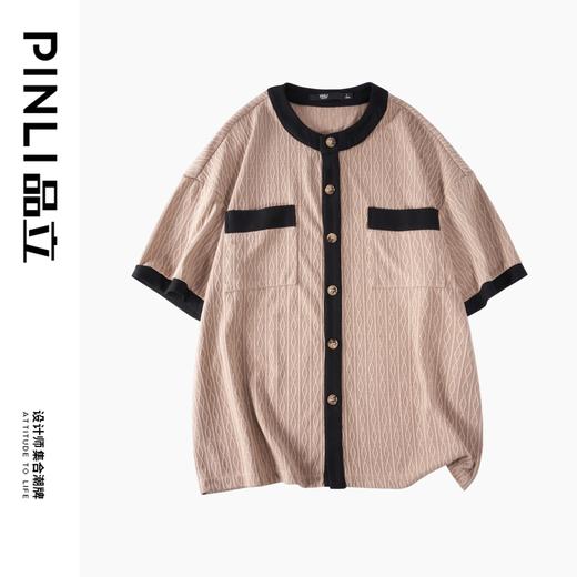 PINLI品立夏季新款撞色小香风圆领衬衫男士短袖休闲针织衬衣B232113061 商品图5